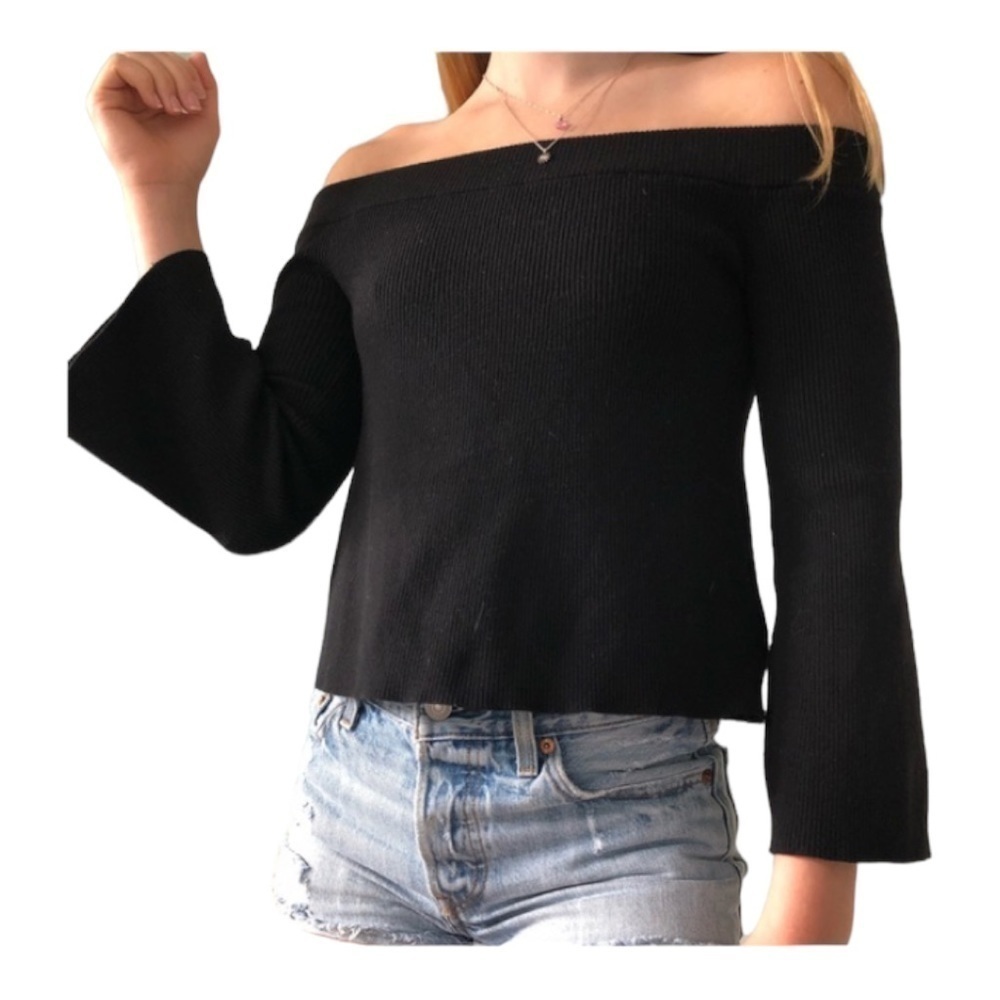 ARITZIA Wilfred Flare Sleeve Black Ribbed Wool Blend Crop-top Sweater Sz Small
